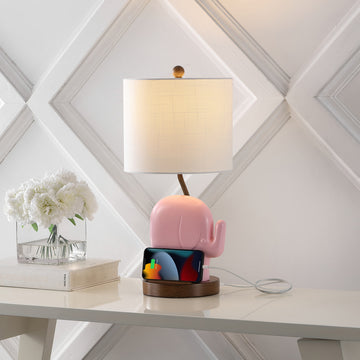 Ellie Bohemian Designer Iron/Resin Elephant LED Kids Table Lamp with Phone Stand and USB Charging Port - JONATHAN Y